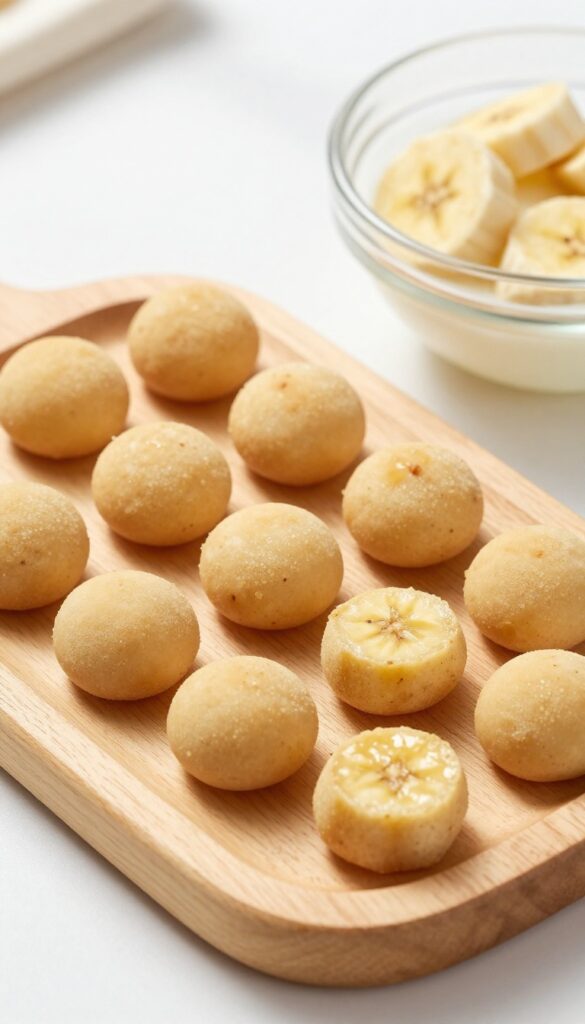 Homemade goat milk and banana soft chews for dogs, arranged on a wooden board with goat milk and banana slices nearby.
