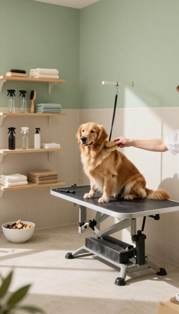 Dog boutique spa and grooming nook with a golden retriever being brushed by a groomer in a calm, bright setting
