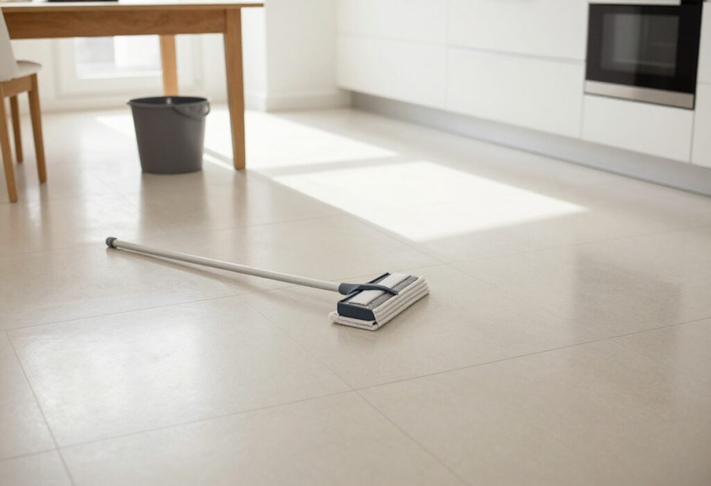 Clean glossy tile floor in a sunlit kitchen with mop and bucket