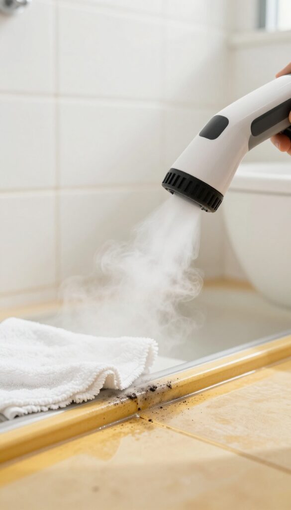 Handheld steam cleaner cleaning grout in a shower