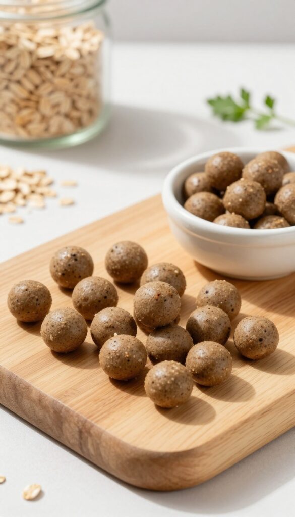 Homemade liver and oatmeal training bites for dogs, small brown balls on a wooden board with a bowl and oats in background.
