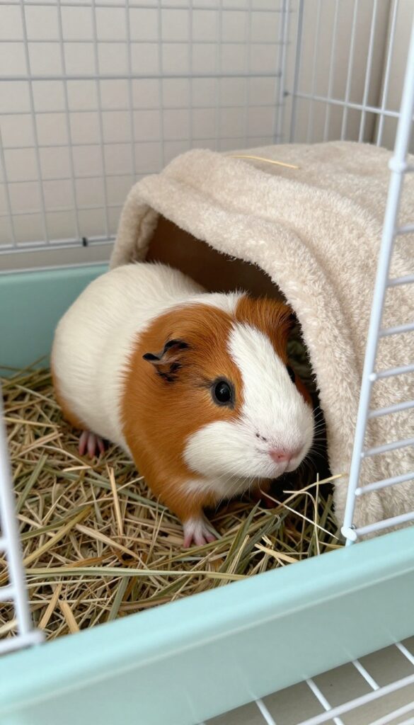 Guinea pig using a corner litter box in a clean cage setup