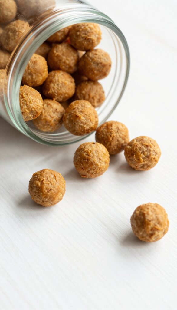 Homemade chicken and rice training bites stored in a glass jar, showing their firm, dry texture perfect for on-the-go training sessions.