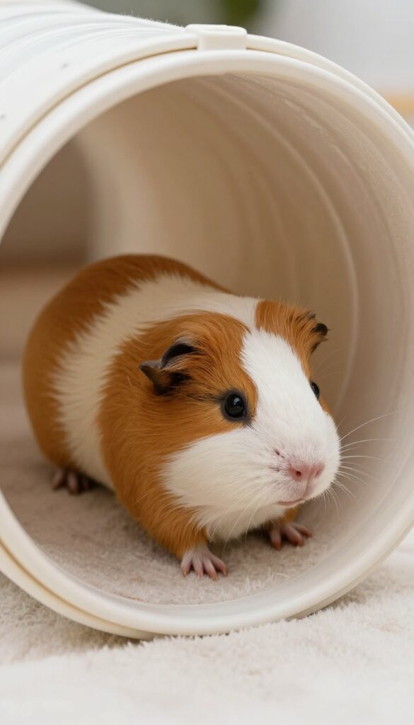 Guinea pig inside a PVC pipe tunnel system with fleece lining