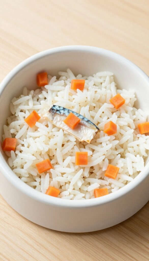 Dog bowl with mackerel and rice meal, topped with diced carrots, on a wooden table.