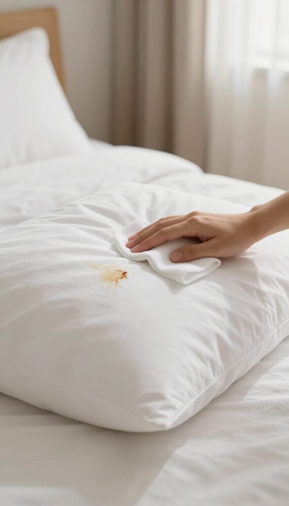 Person spot cleaning a stain on a white pillow with a cloth