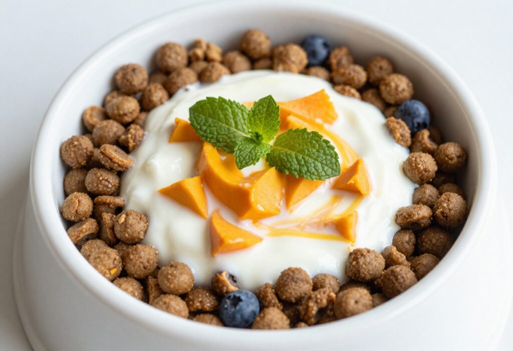 Dog bowl with dry kibble topped with pumpkin and yogurt swirl, blueberries, and mint leaves.