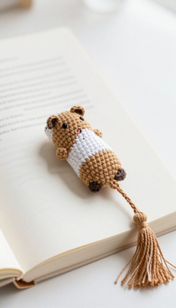Crochet guinea pig bookmark on an open book