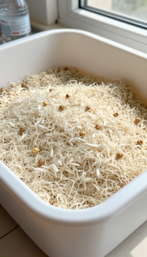 A guinea pig litter box with absorbent bedding in a clean indoor cage setup.