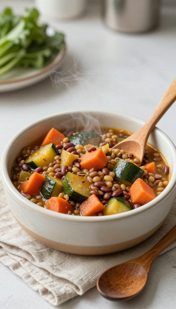 A cozy dog bowl filled with warm lentil and veggie casserole, topped with steam, on a rustic kitchen counter.