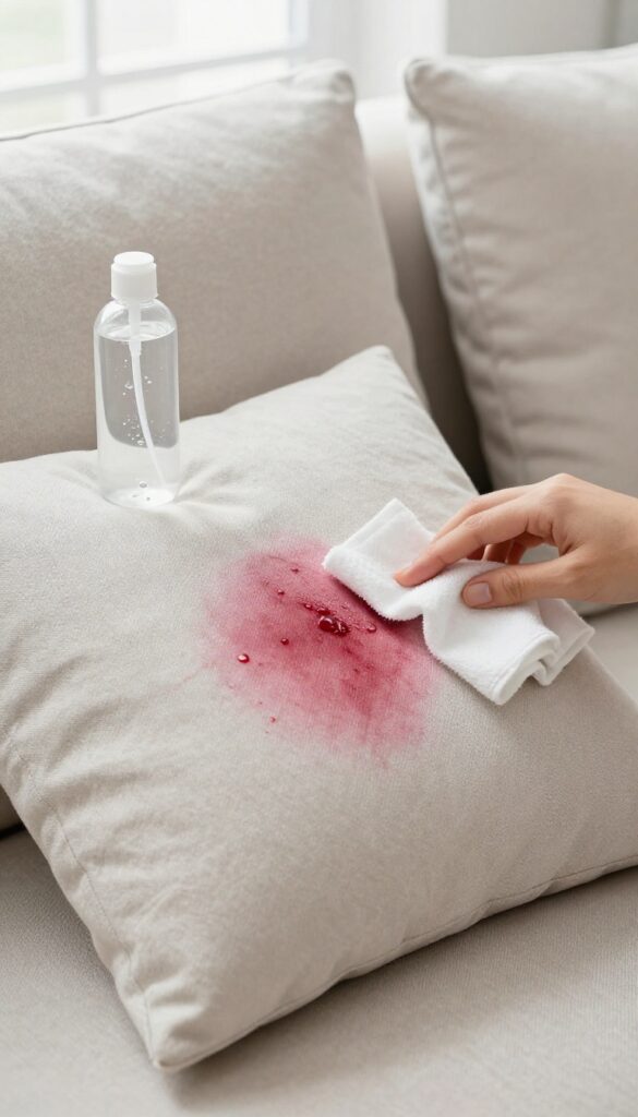 Hydrogen peroxide being applied to a red wine stain on a light-colored couch cushion