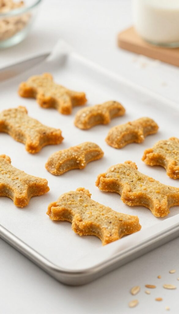 Homemade chicken and pumpkin dog treats baked on a parchment-lined baking sheet, soft golden-brown strips with visible texture, natural lighting, clean kitchen background.