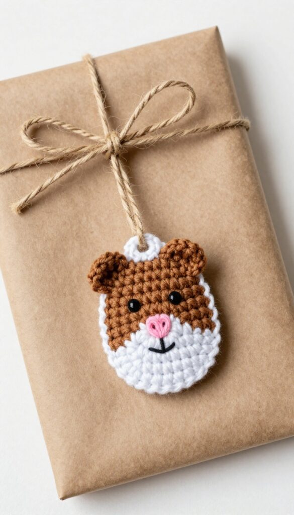 Crocheted guinea pig gift tag on a wrapped present