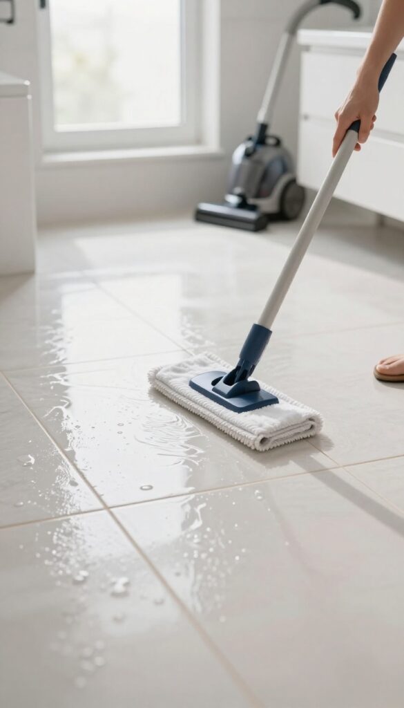 Person mopping a clean bathroom floor with natural light, vacuum in background