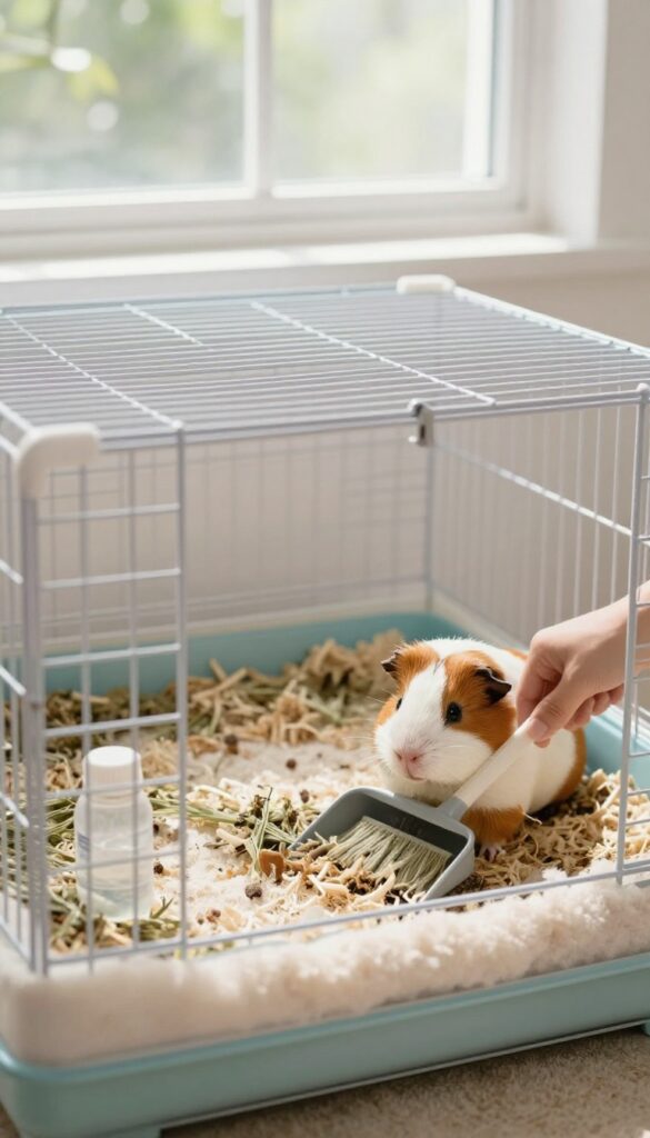 Daily cleaning routine for guinea pig room: person spot cleaning cage with dustpan