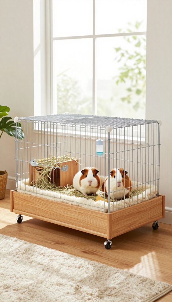 Guinea pig cage on lockable wheels in a bright living room with natural light