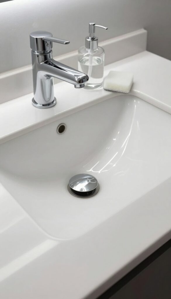 Clean bathroom sink and countertop with gleaming faucet and soap dispenser
