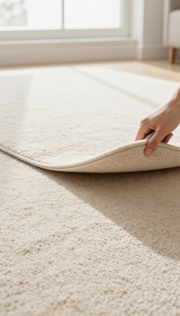 Hand using a carpet rake to revive matted carpet fibers in a sunlit living room