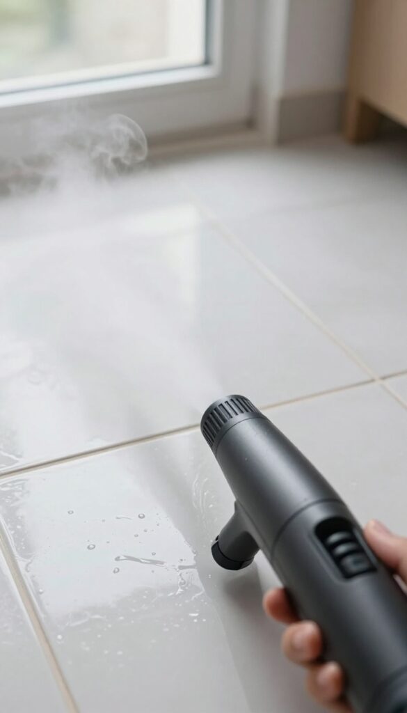 Handheld steam cleaner cleaning grout lines in a tiled shower