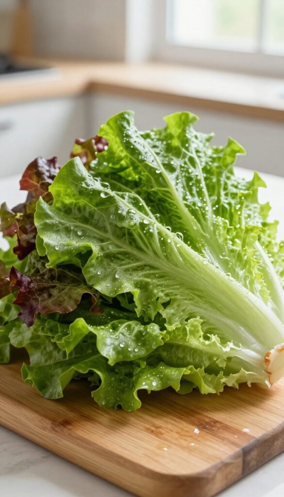 Fresh romaine, red leaf, and green leaf lettuce on a cutting board