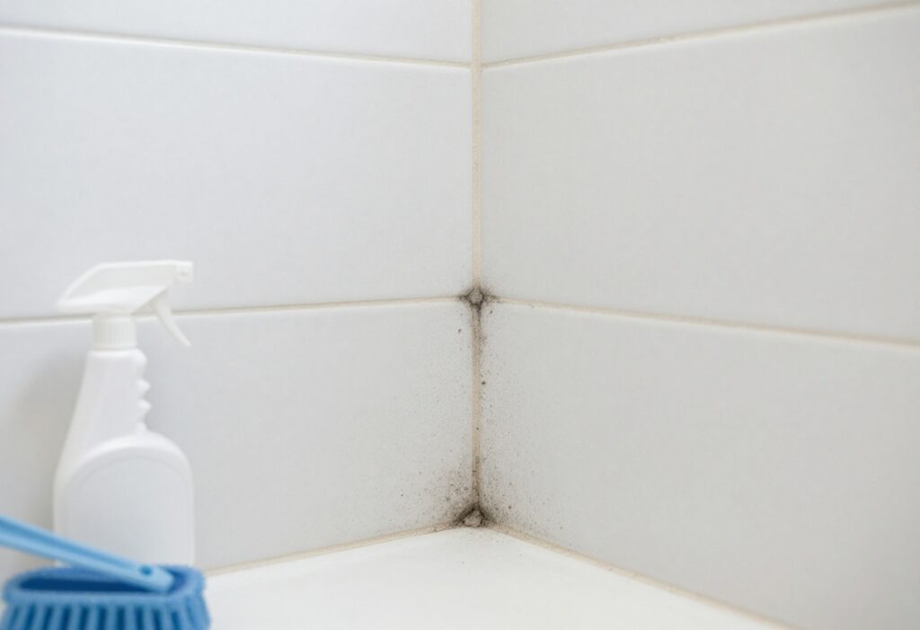 Close-up of moldy shower grout with cleaning supplies nearby
