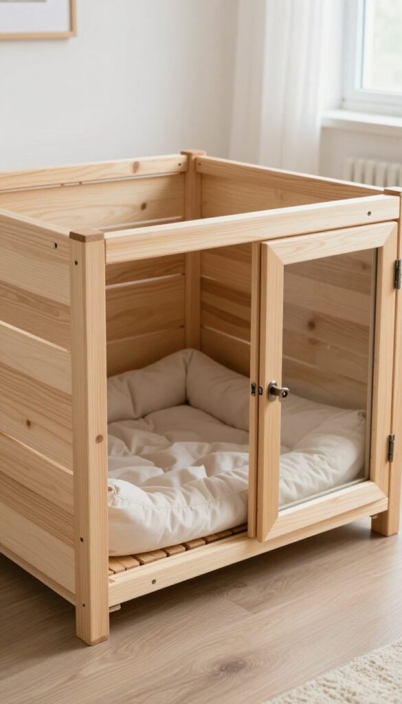 DIY large wooden dog crate with plywood and 2x4s, hinged door, and cushion inside, in a bright living room