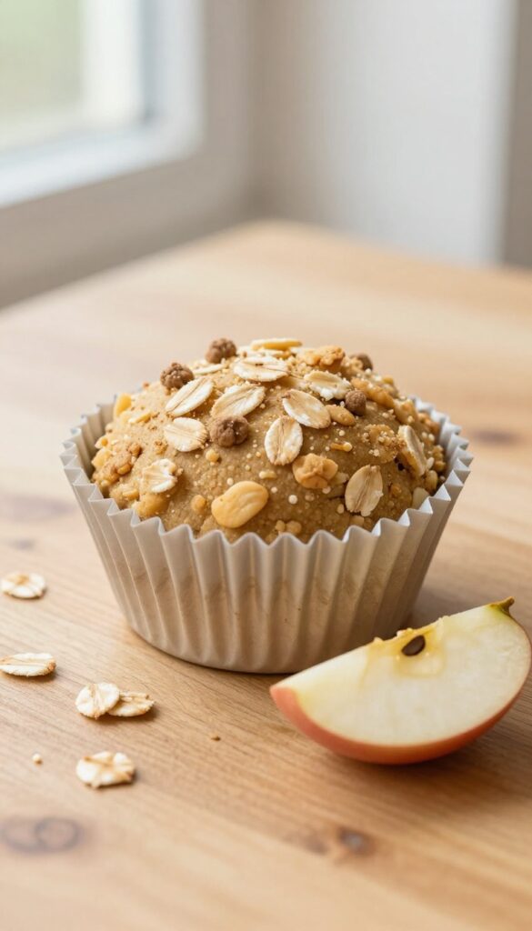 Homemade turkey and oatmeal dog breakfast cup in a muffin liner on a plate, with oats and apple nearby.