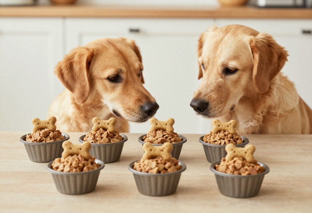 Homemade dog food cups in a muffin tin with a dog sitting beside them, cozy kitchen setting.