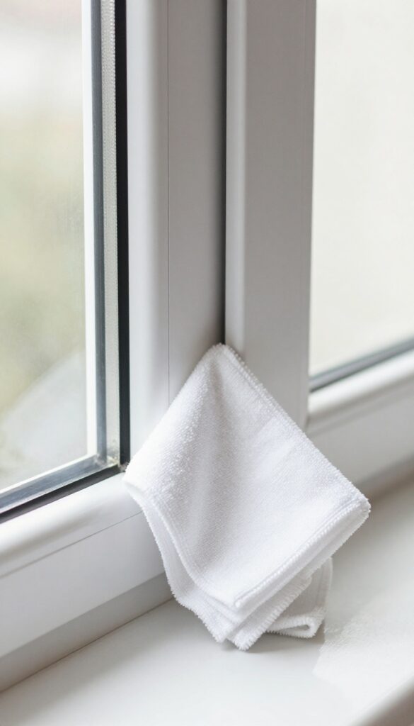 Person drying the edge of a clean window with a microfiber cloth, preventing streaks.