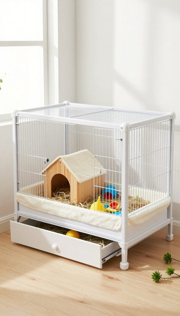 Guinea pig cage with built-in storage drawers in a bright room