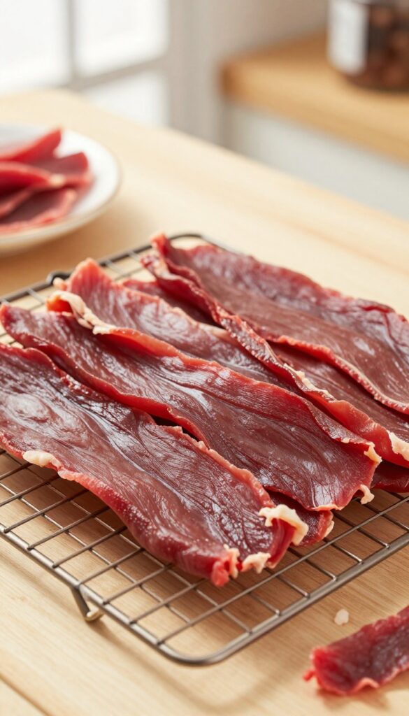 Homemade dehydrated beef heart chews for dogs, arranged on a wire rack with broken pieces beside a dog bowl.