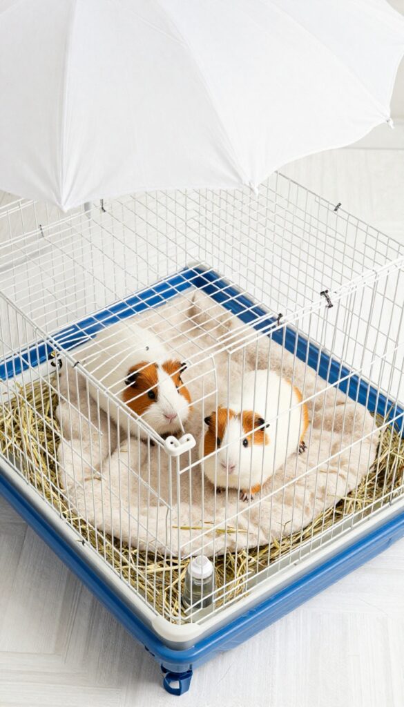 C&C grid cage on a patio with shade umbrella and guinea pigs
