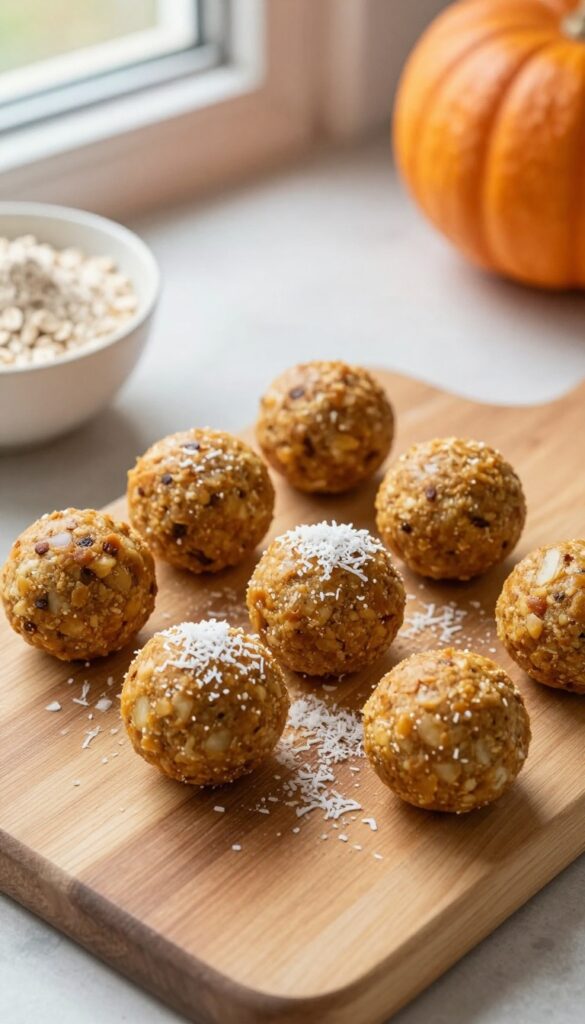 Homemade pumpkin and coconut no-bake energy balls for dogs, arranged on a wooden board with ingredients in the background.