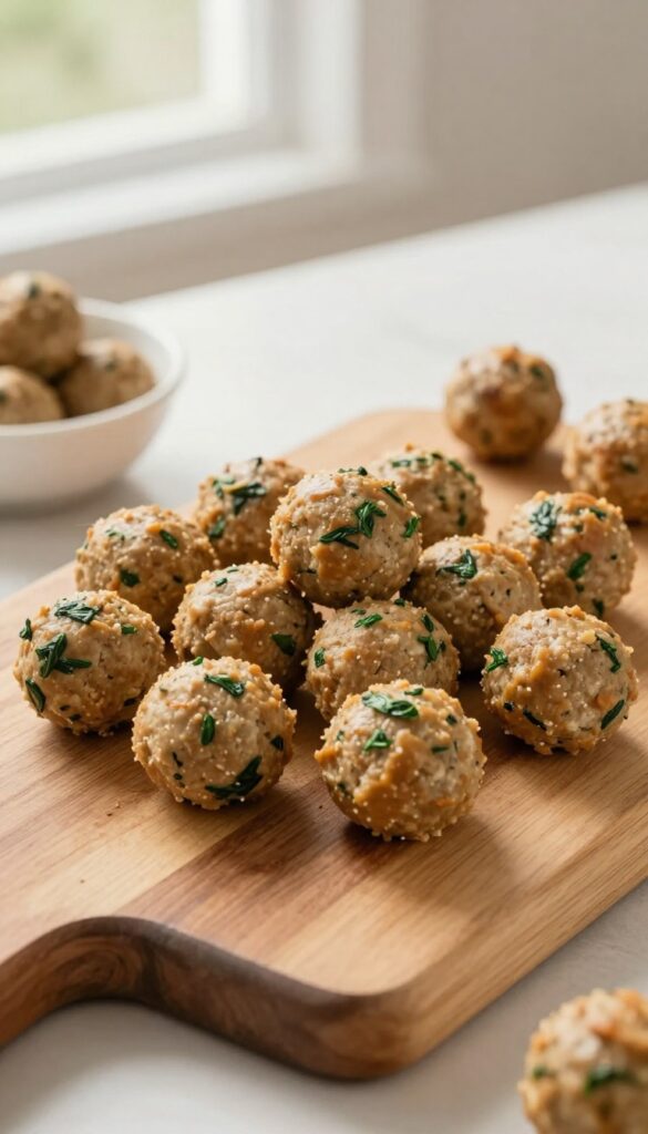 Homemade turkey and spinach dog meatballs on a wooden cutting board, baked golden brown with visible spinach pieces, soft natural lighting, overhead shot.