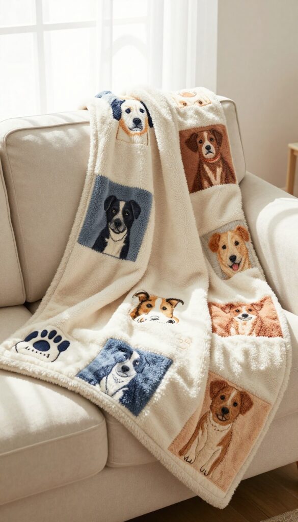 Custom dog blanket made from patchwork bandanas draped over a couch