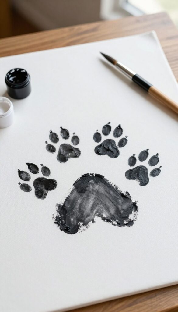 Heart shape made from dog paw prints on canvas with paint supplies nearby