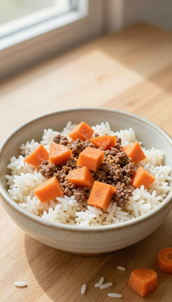 Dog bowl with beef, rice, and carrots