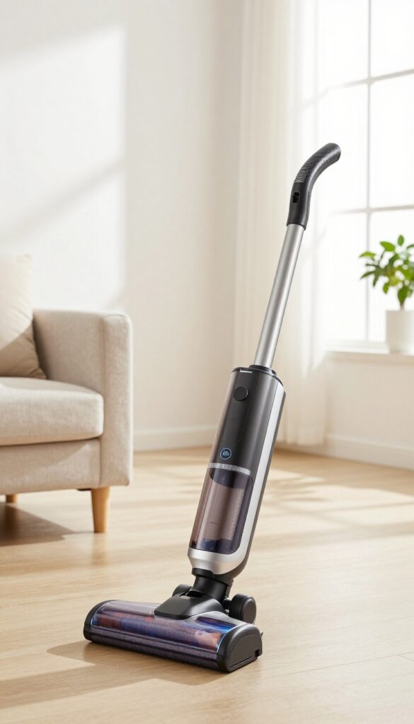 HEPA vacuum cleaning an air vent in a bright living room