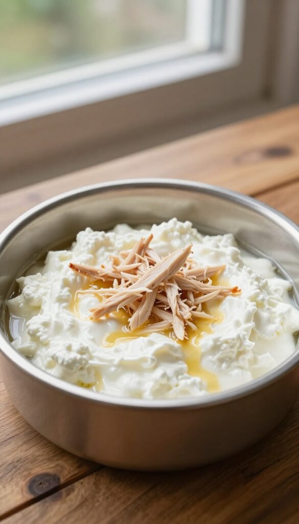 Homemade dog meal with cottage cheese and shredded chicken in a bowl, creamy protein dog food recipe