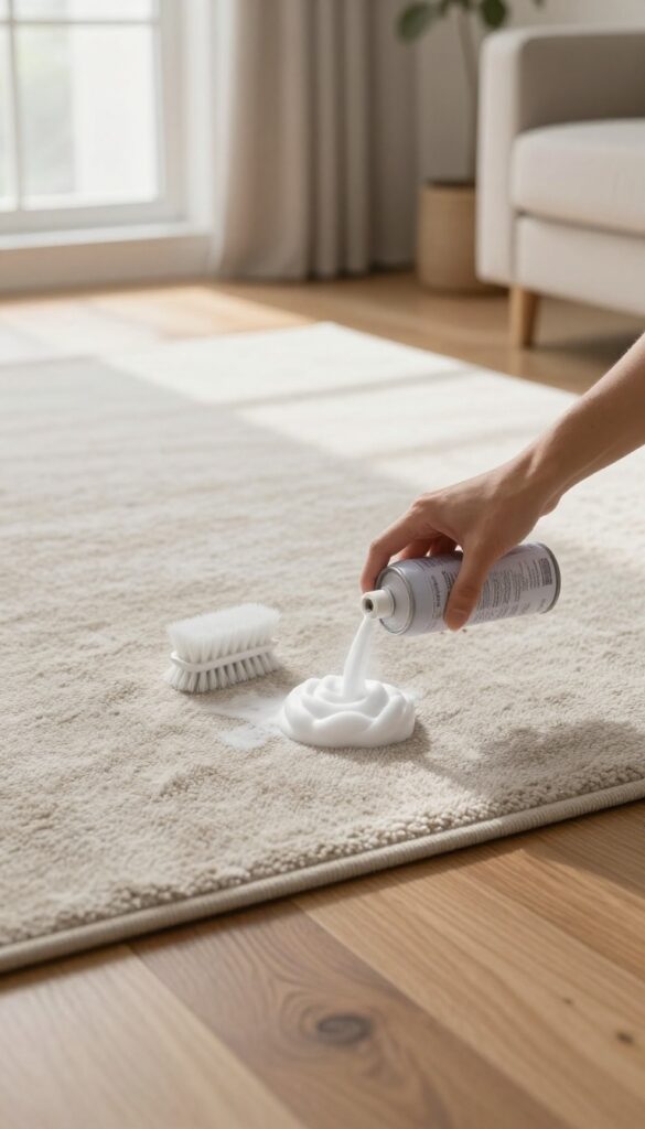 Person sprinkling dry cleaning foam on a wool area rug in a bright living room