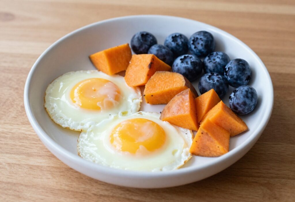 Homemade dog breakfast bowl with eggs, sweet potato, and blueberries on a wooden surface