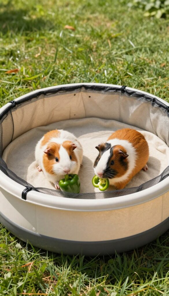 A kiddie pool turned into a guinea pig enclosure with fleece lining and netting on grass