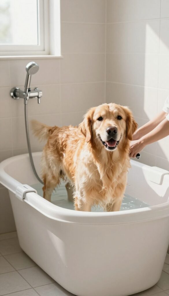 Elevated dog bath tub in a laundry room with a golden retriever standing inside, non-slip surface, handheld sprayer, and tiled wall.
