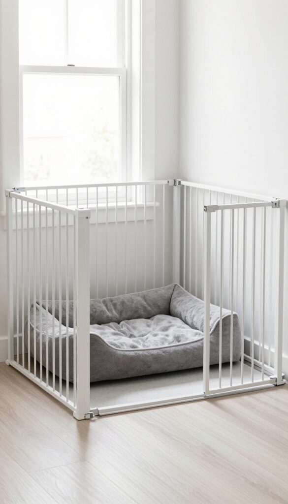 Freestanding dog gates forming a corner crate with a large dog bed inside