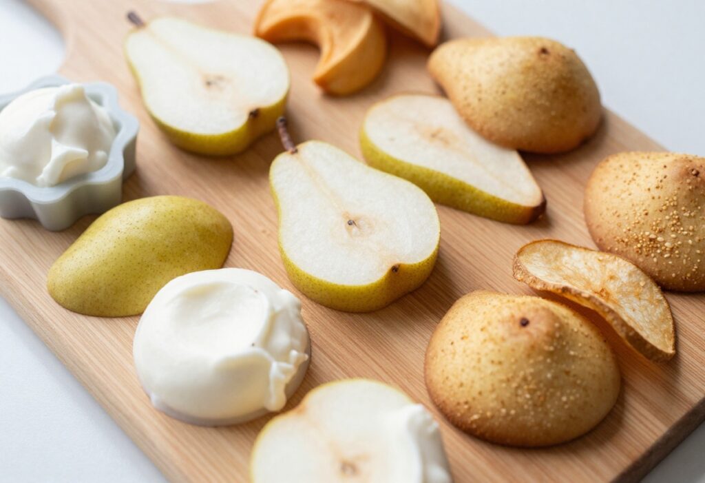 Homemade pear dog treats on a wooden board, including frozen bites, baked cookies, and dehydrated slices.
