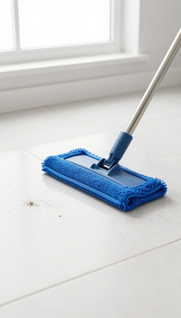 Microfiber mop head cleaning a kitchen floor