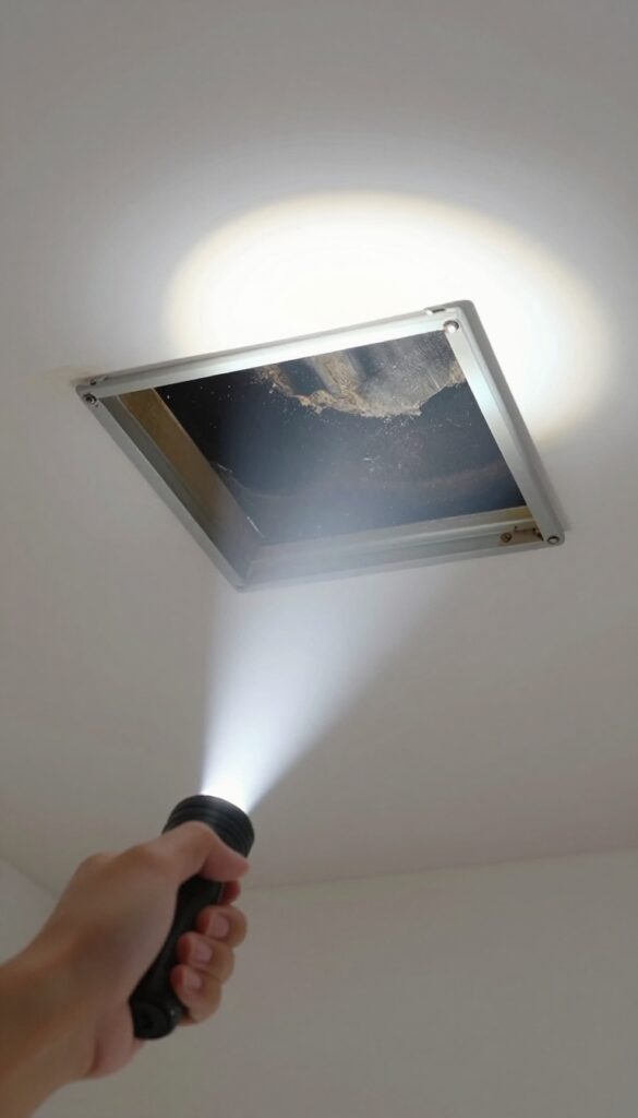 Person inspecting air duct with flashlight, revealing dust buildup inside