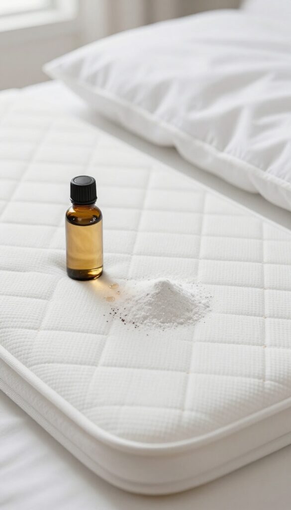 Adding essential oils to baking soda on a clean white mattress for freshness