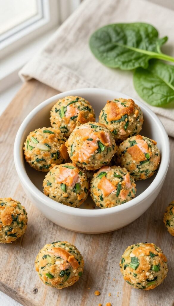 Homemade salmon and spinach dog treat balls in a ceramic bowl on a wooden surface, with scattered treats and fresh spinach leaves nearby.