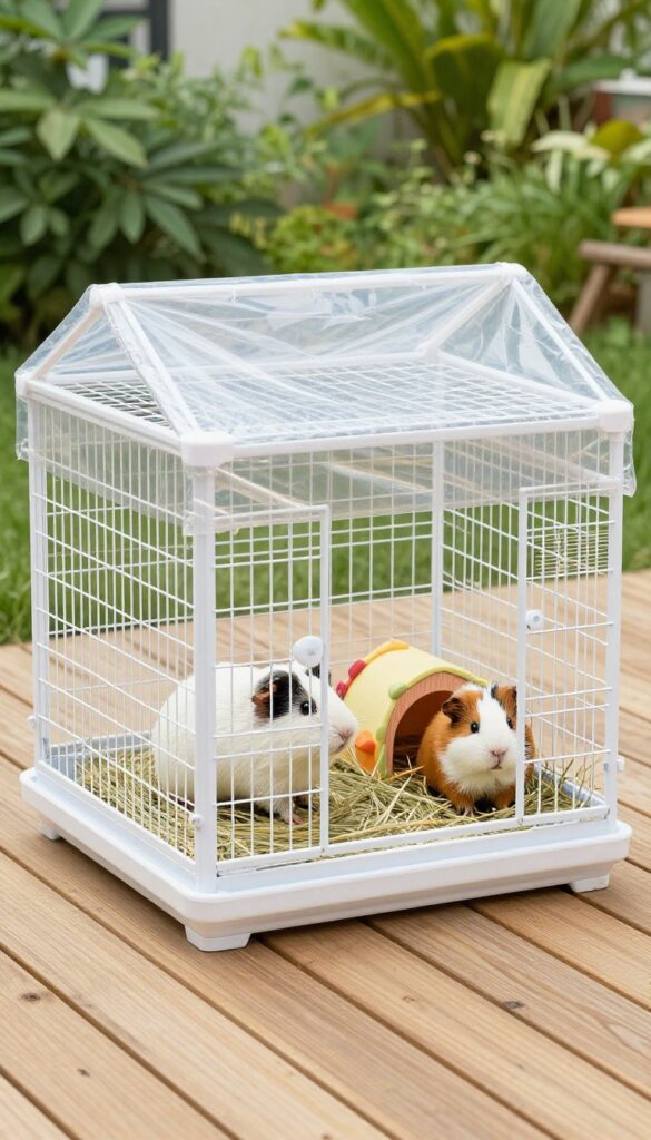 DIY C&C guinea pig cage outdoors with clear weatherproof cover on a sunny patio